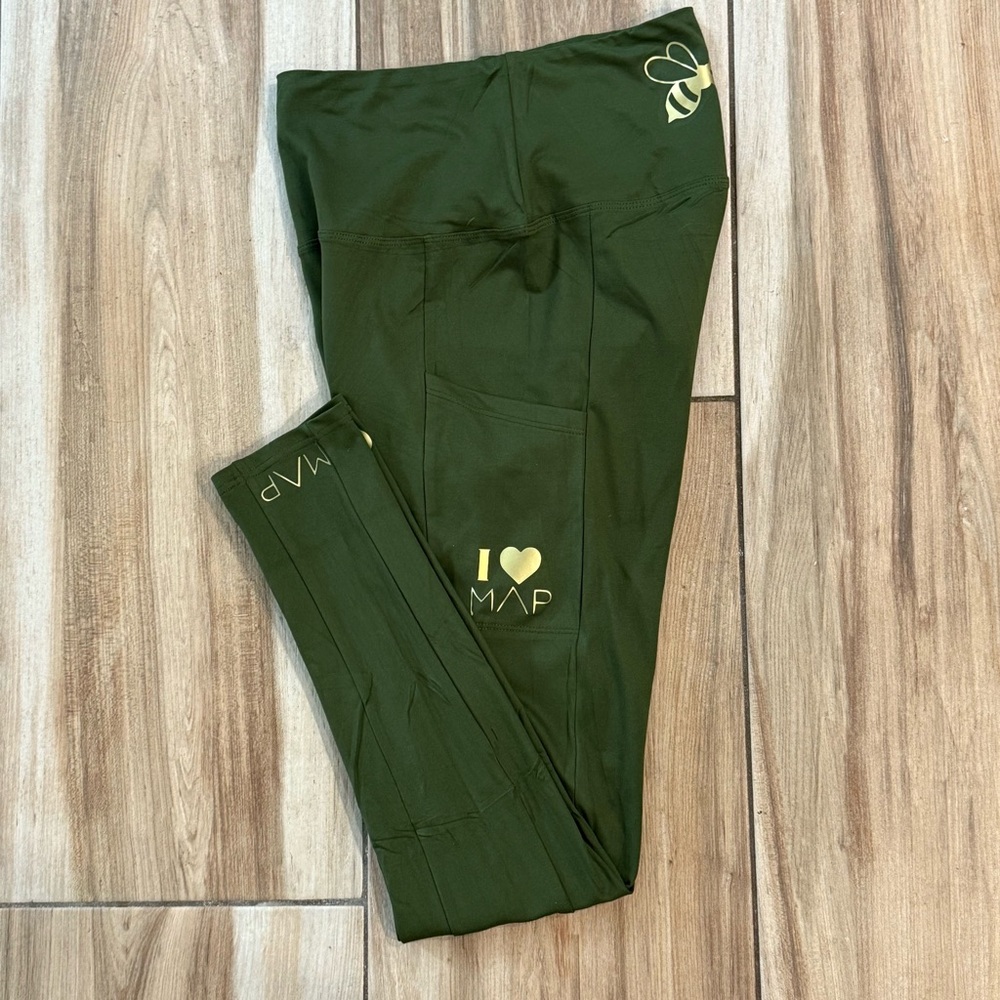 NEW MAP Olive Green Women's Leggings with side pockets Gold Accents